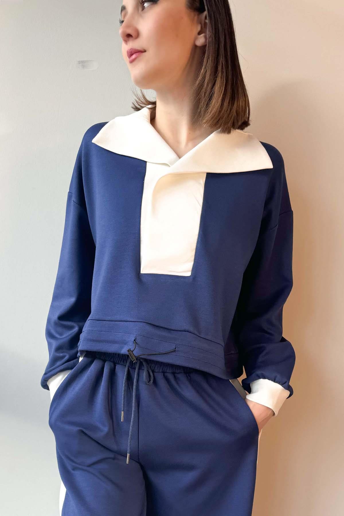 Lacivert Yaka Detaylı Sweatshirt ve Pantolon Modal Takım