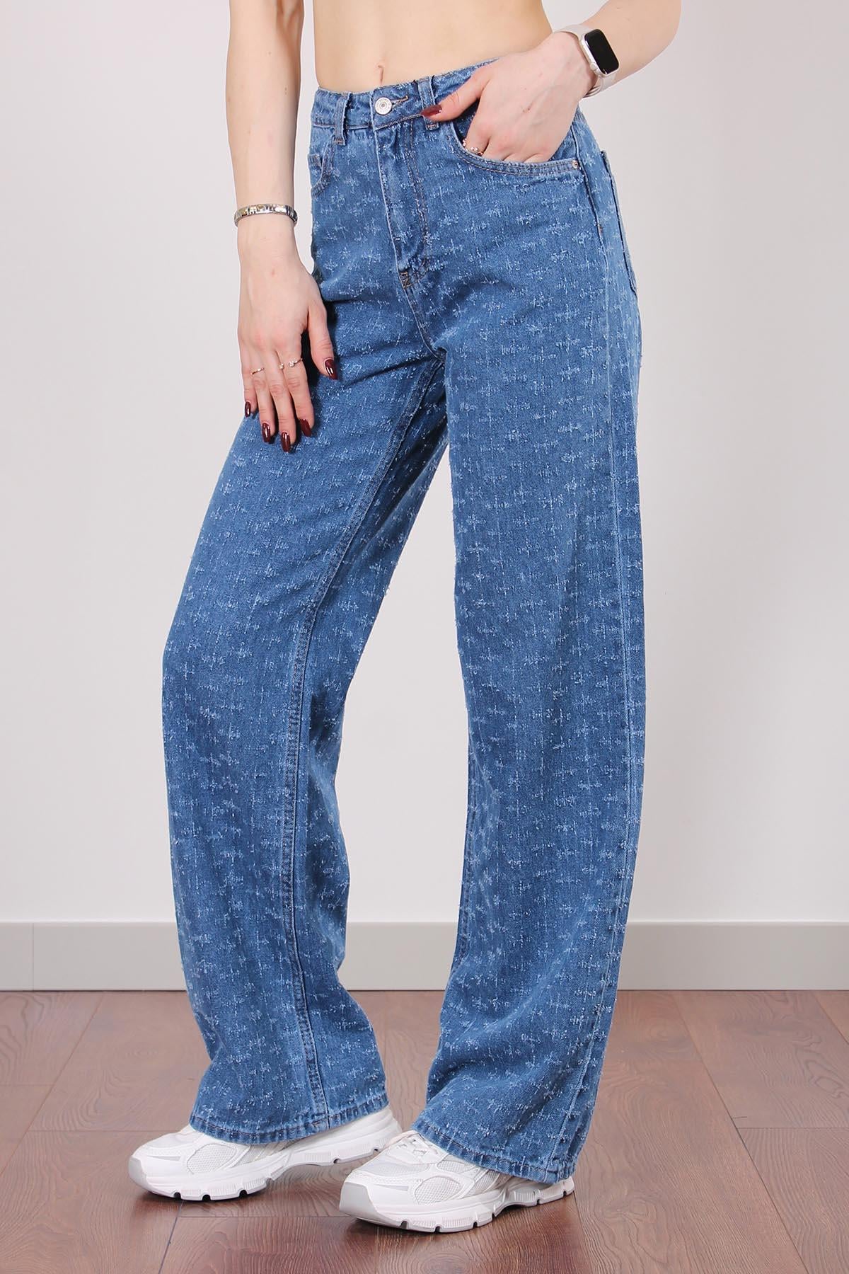 Lacivert Yüksekbel Geniş Paça Eskitmeli Jean