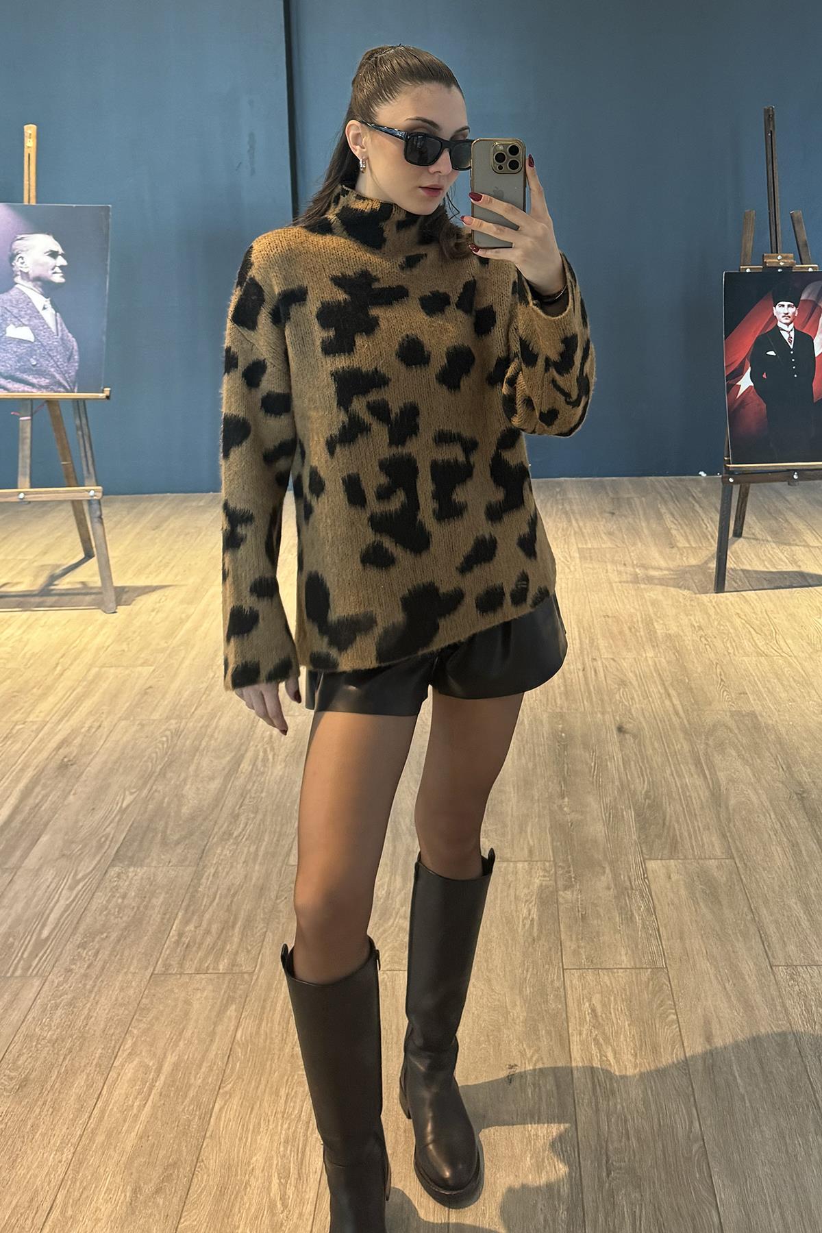Leopar Desenli Oversize Kazak