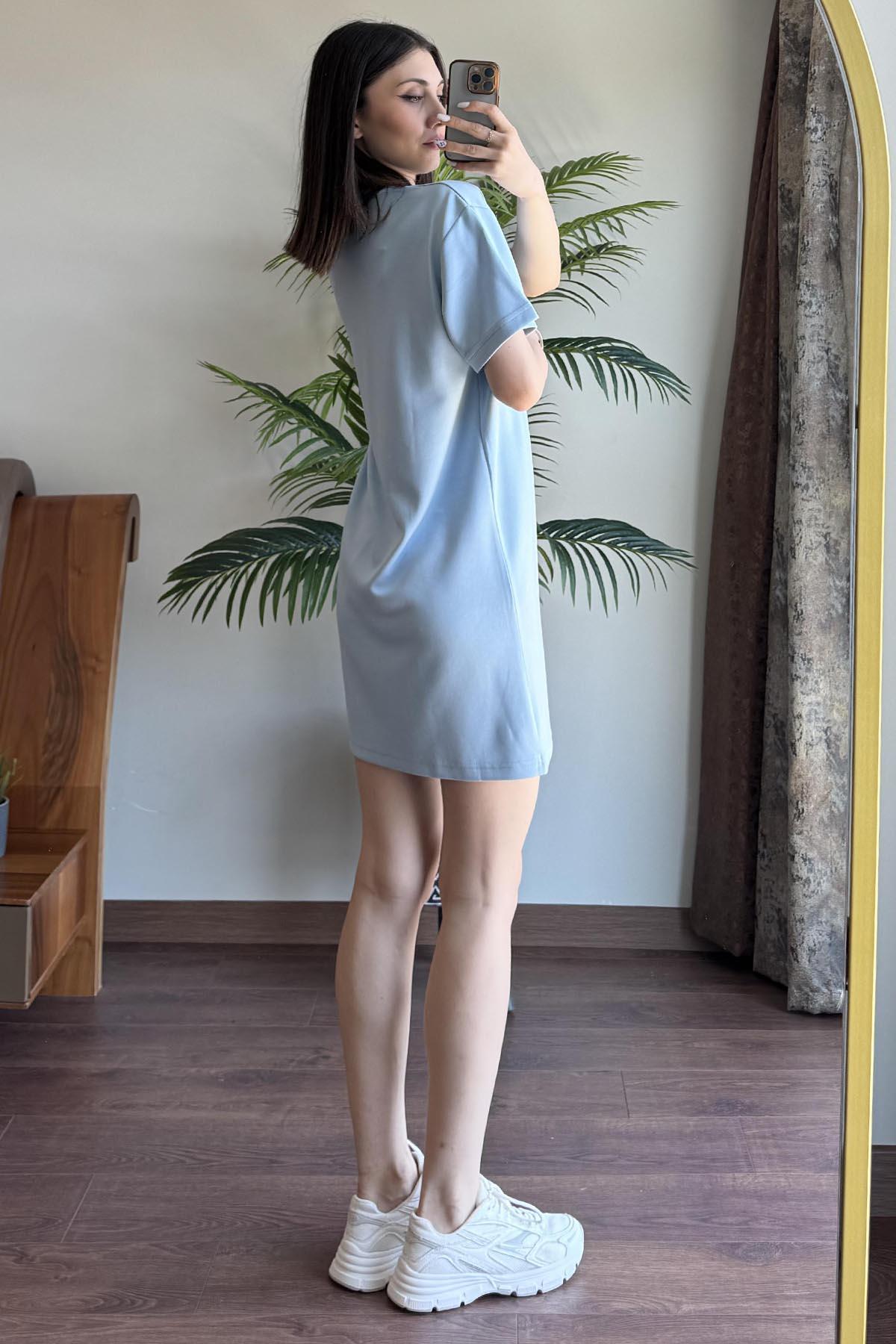 Mavi Alo Gümüş Baskılı Oversize Elbise