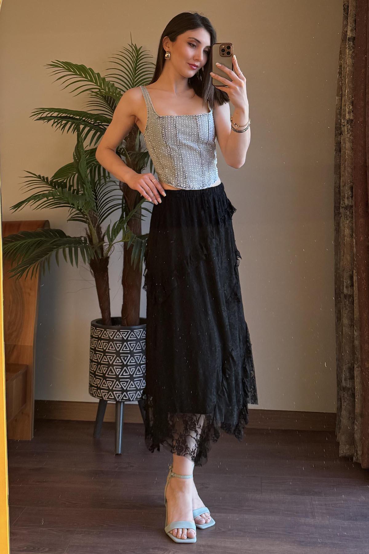Mavi Arkası Britli Taşlı Denim Crop
