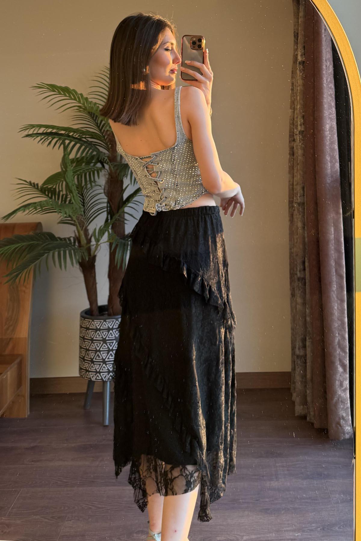 Mavi Arkası Britli Taşlı Denim Crop