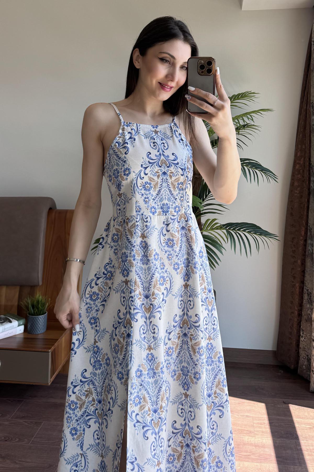 Mavi Arkası Gipeli Elbise