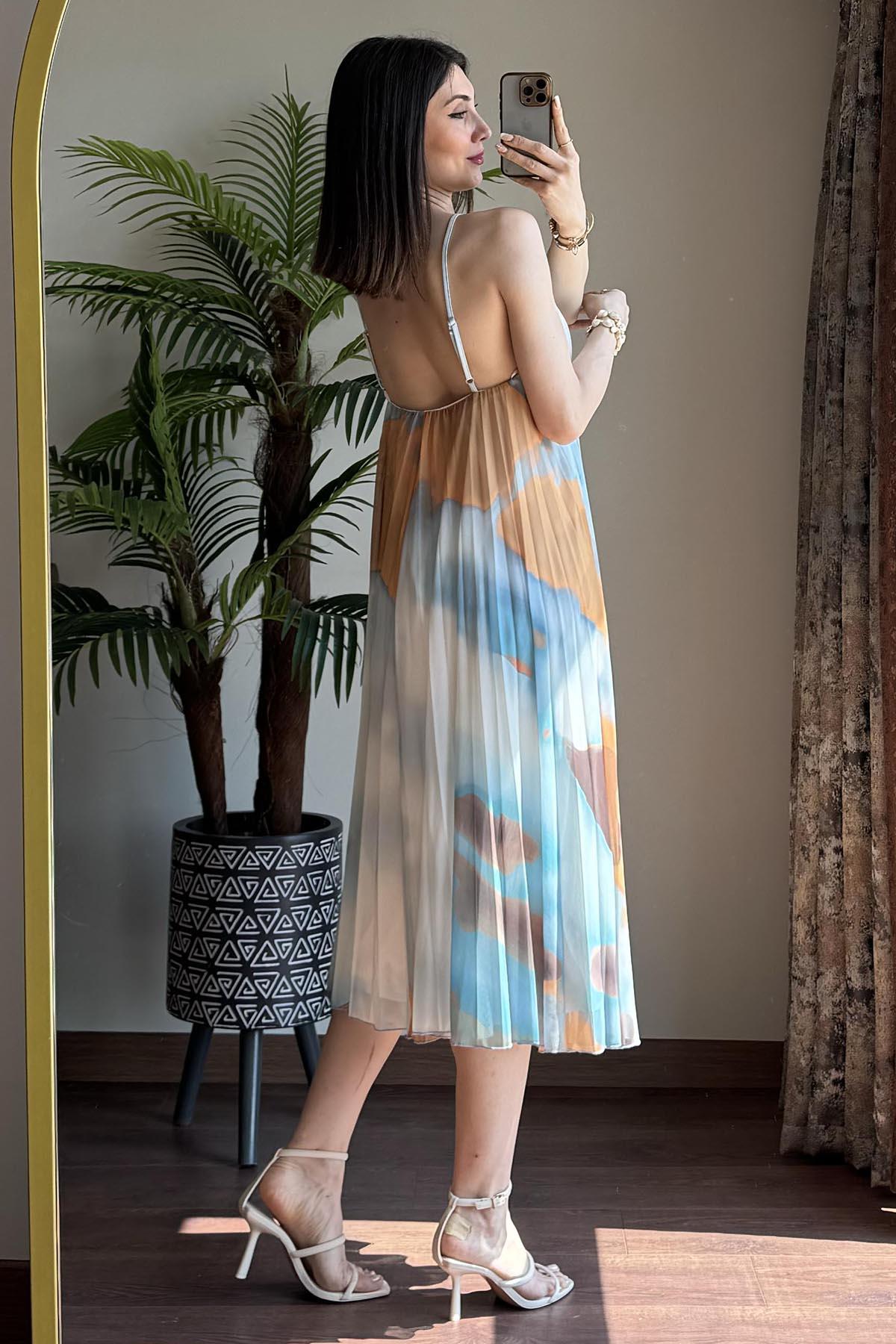 Mavi İnce Askılı Piliseli Uzun Elibse