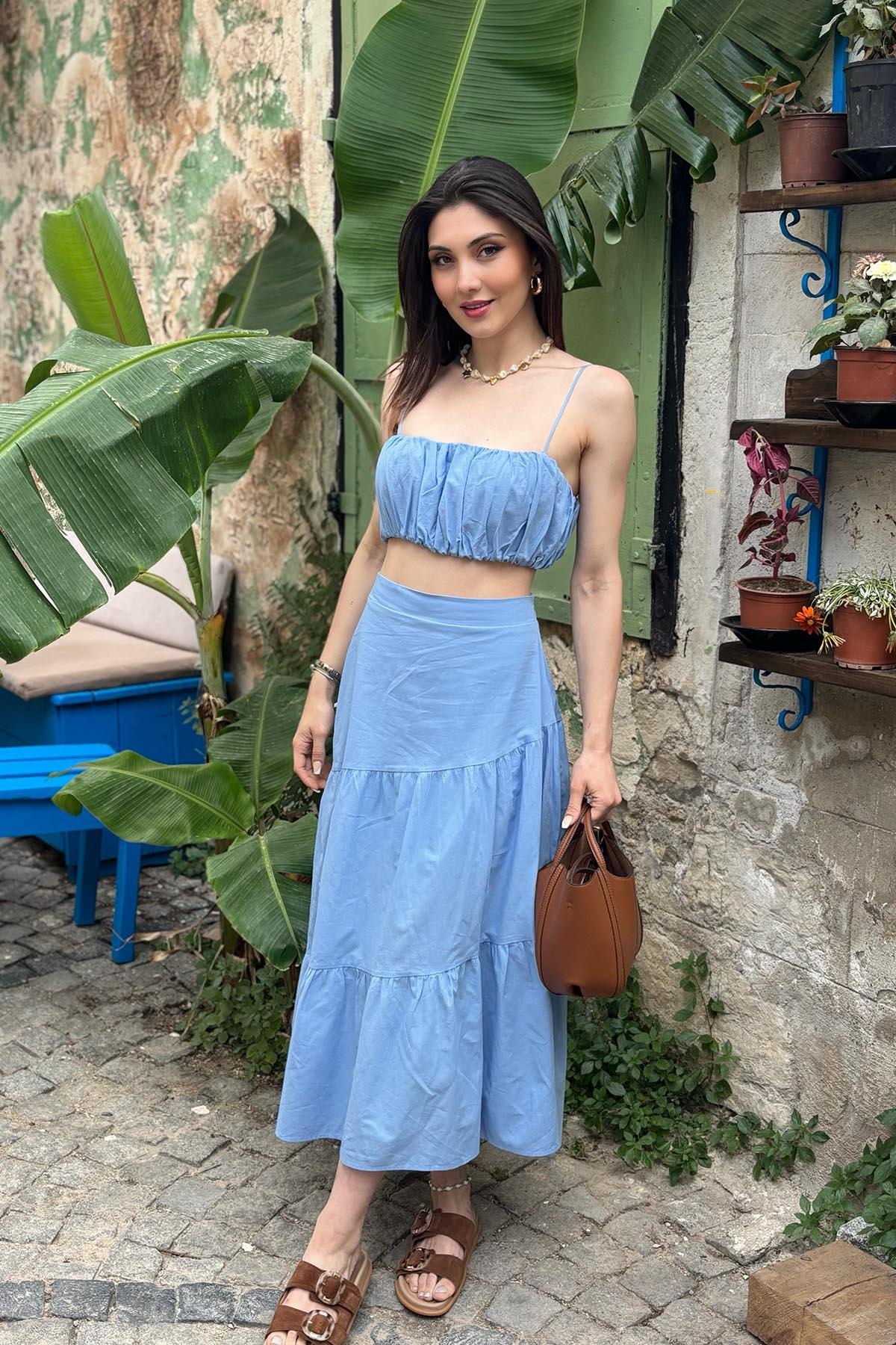 Mavi İp Askılı Crop Bluz