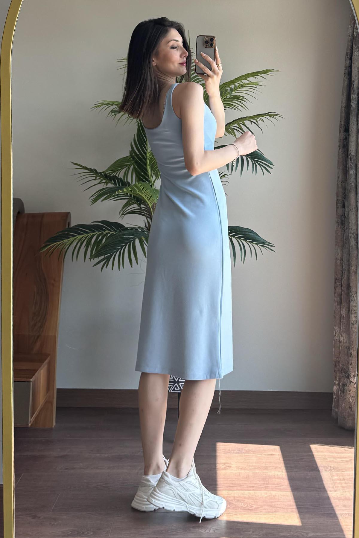 Mavi Kalın Askılı Astarlı Elbise