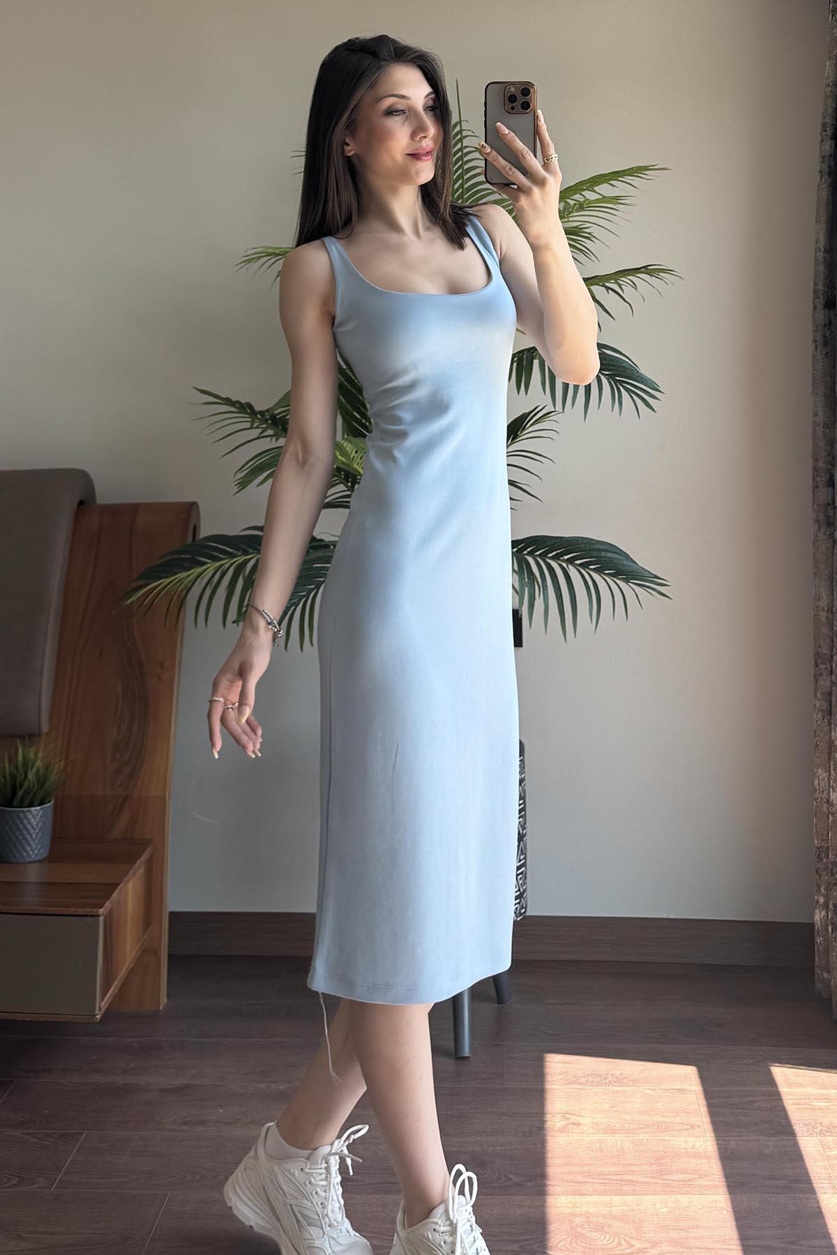 Mavi Kalın Askılı Astarlı Elbise