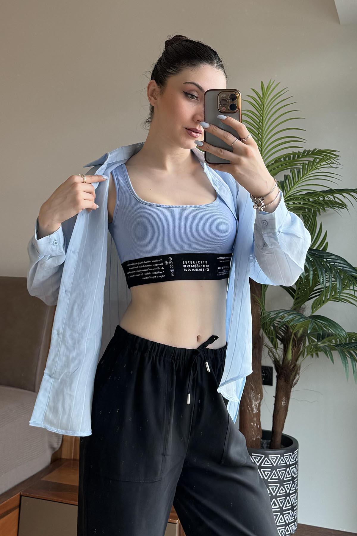 Mavi Lastik Detaylı Crop Top Atlet