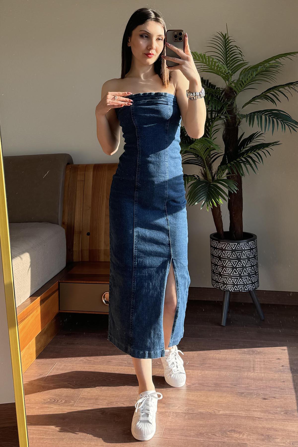 Mavi Ultra Esnek Straplez Denim Elbise