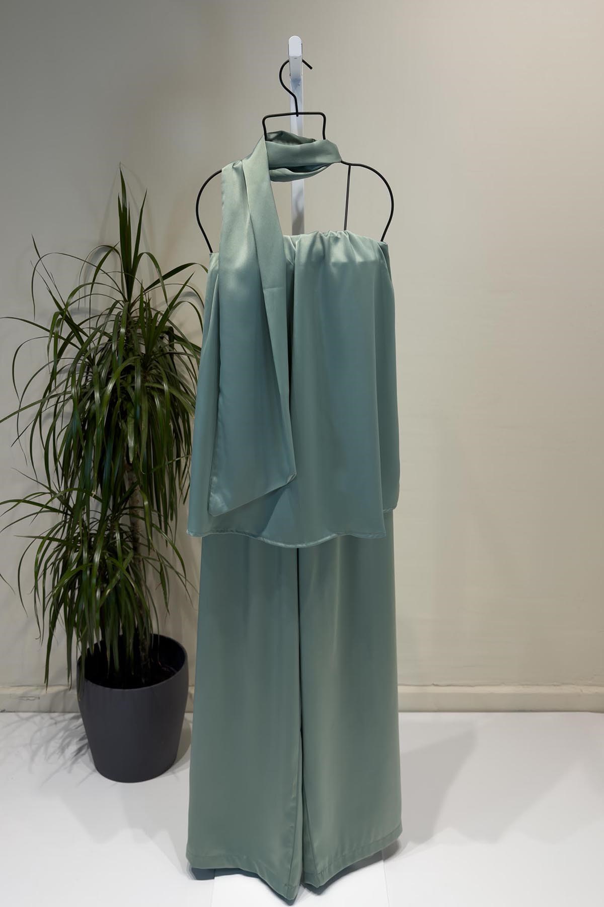 Mint Pantolon Bluz Saten Takım