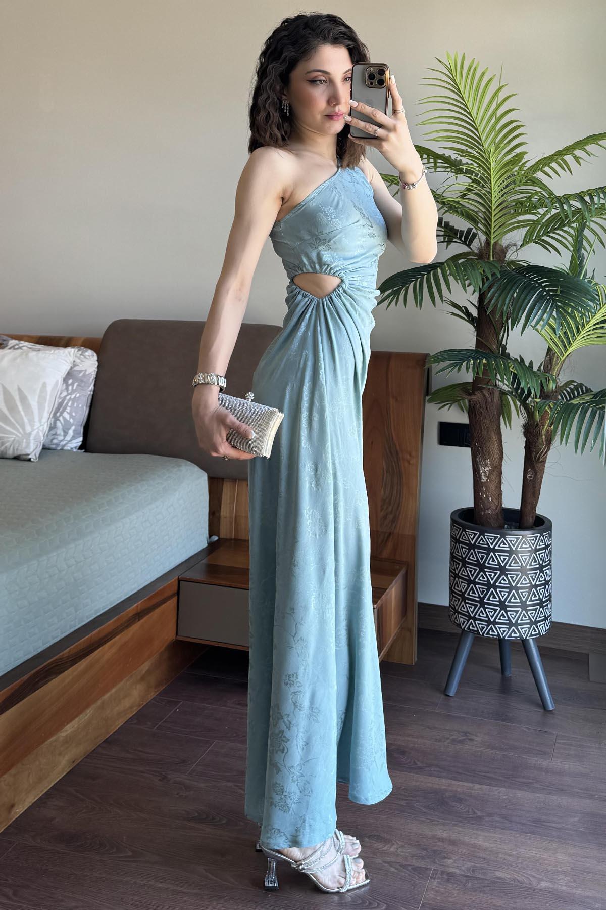 Mint Tek Omuz Dekolte Detaylı Kendinden Desenli Elbise