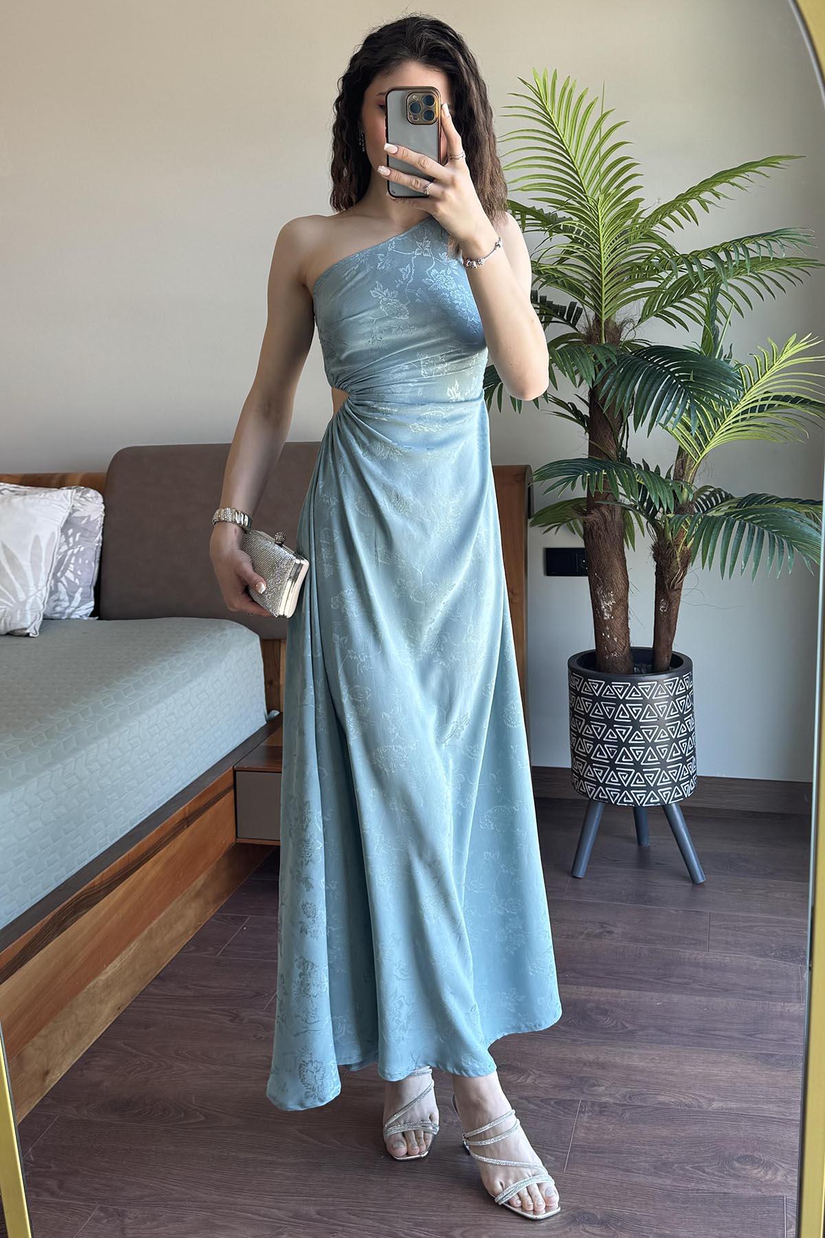 Mint Tek Omuz Dekolte Detaylı Kendinden Desenli Elbise