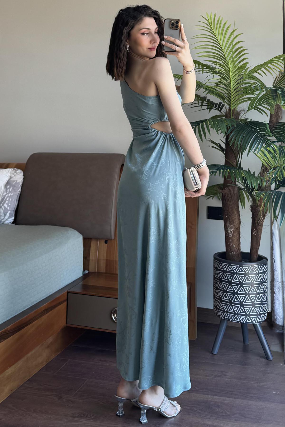 Mint Tek Omuz Dekolte Detaylı Kendinden Desenli Elbise