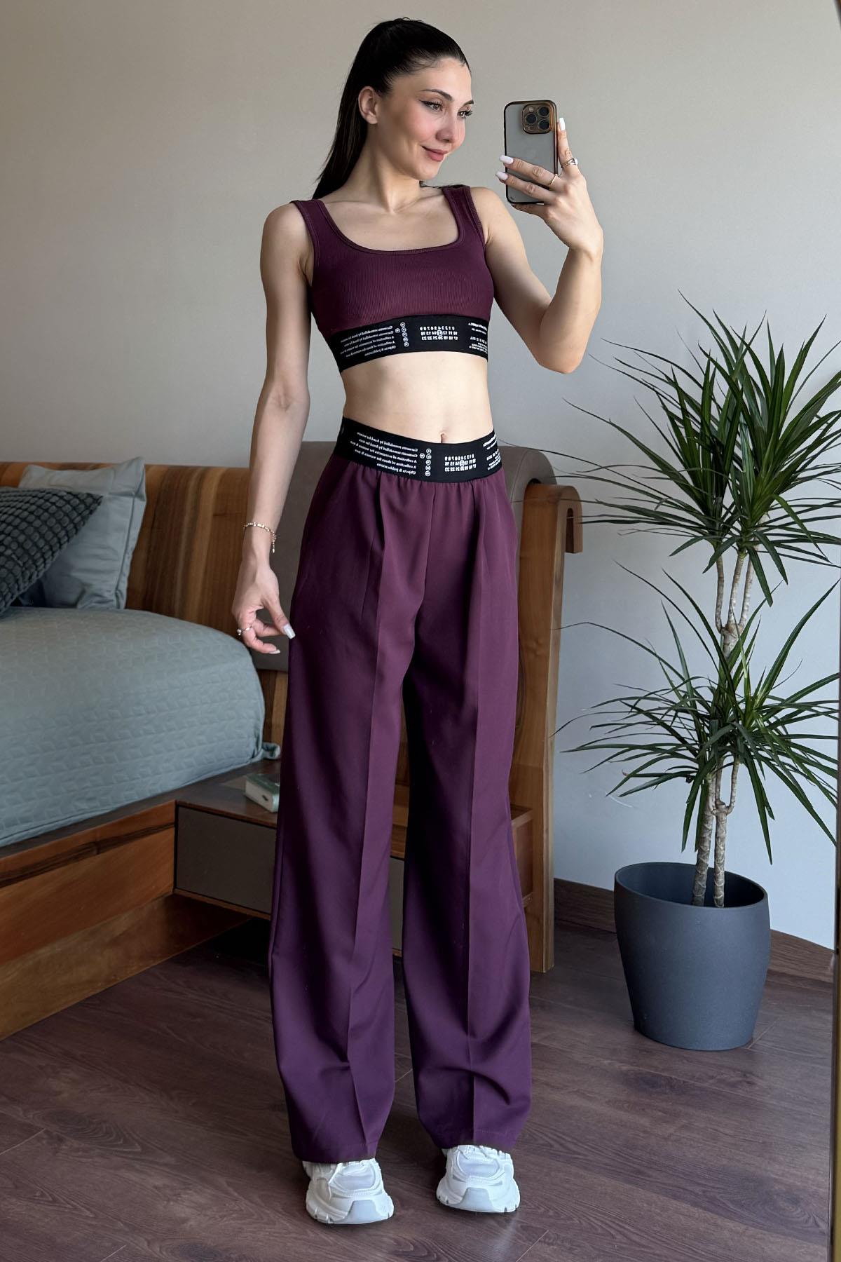 Mürdüm Lastik Detaylı Crop Top Atlet
