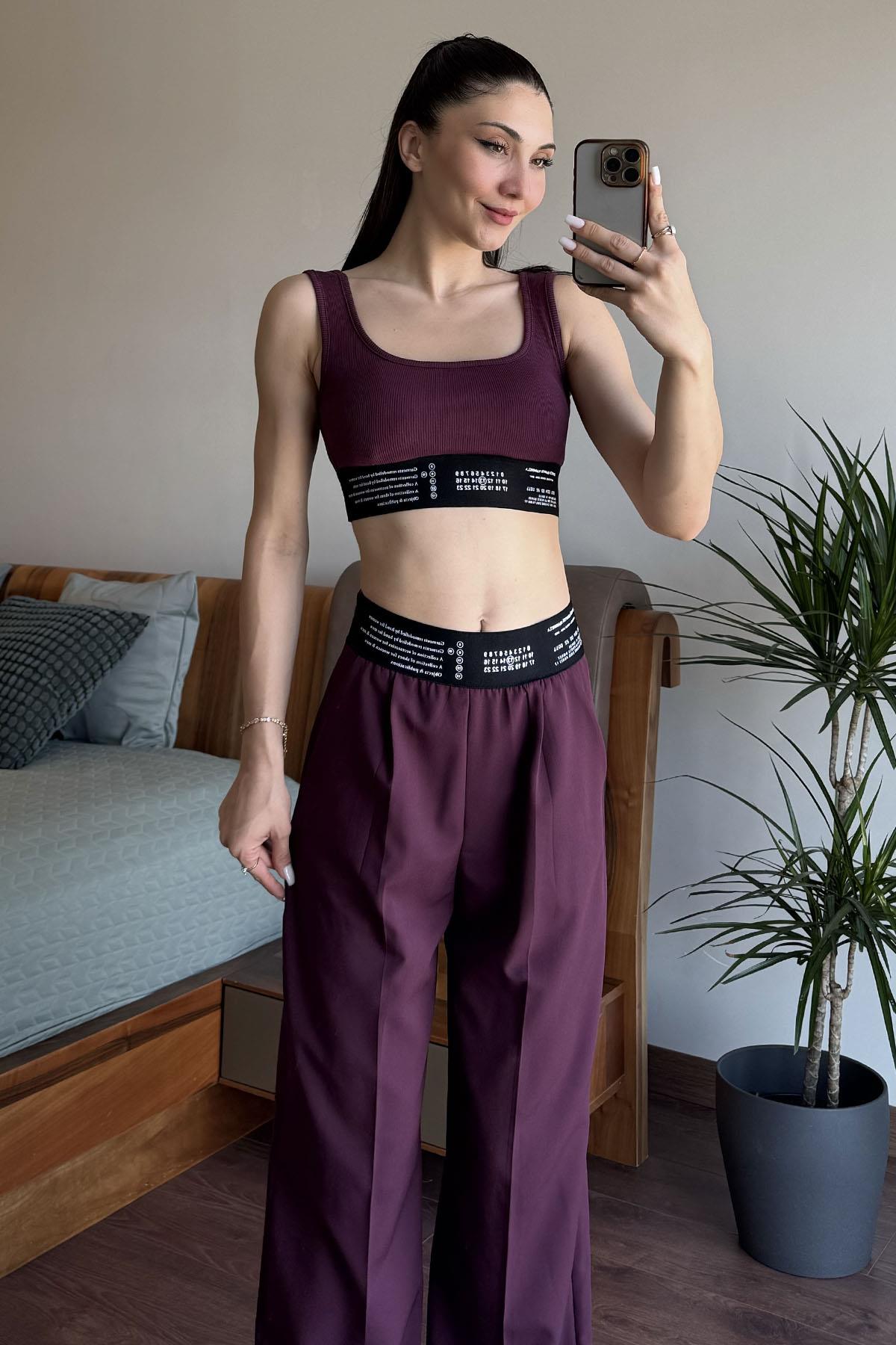 Mürdüm Lastik Detaylı Crop Top Atlet