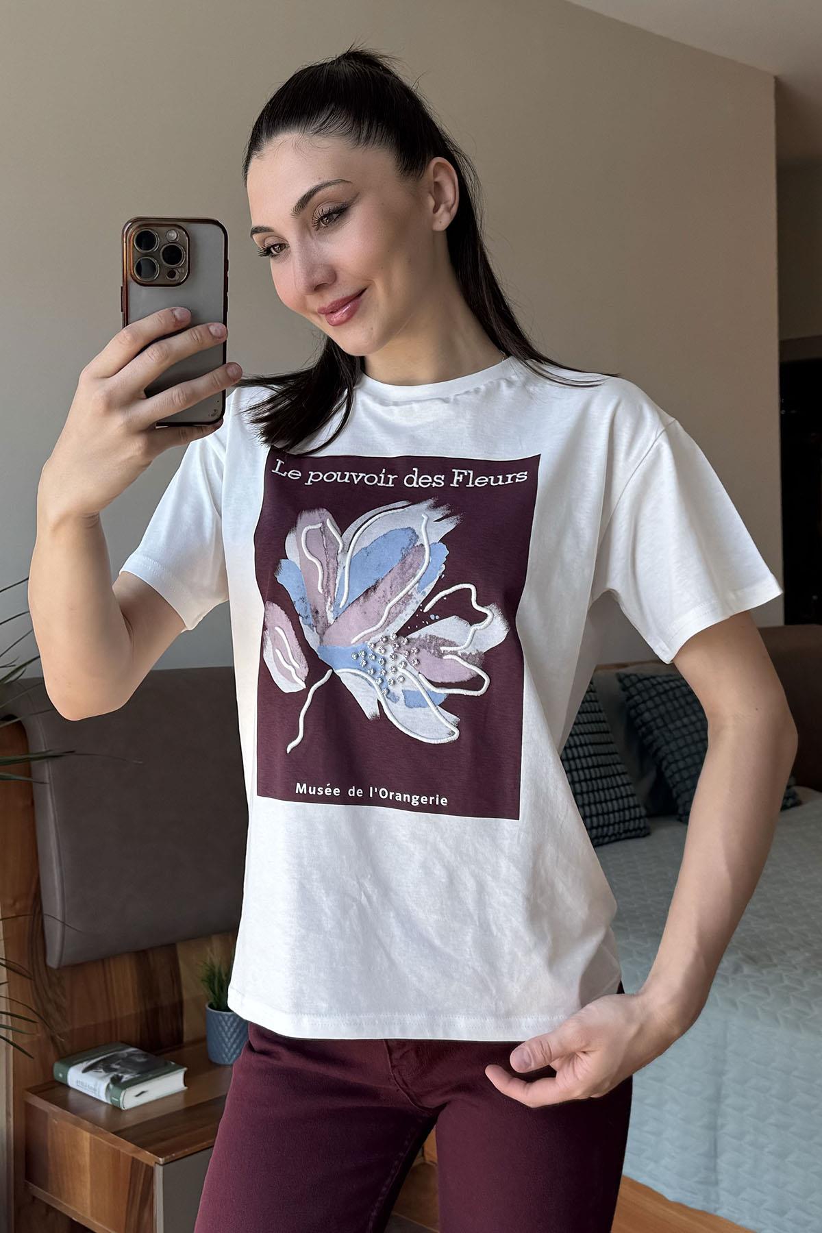 Mürdüm Le Pouvoir des Fleurs Baskılı T Shirt