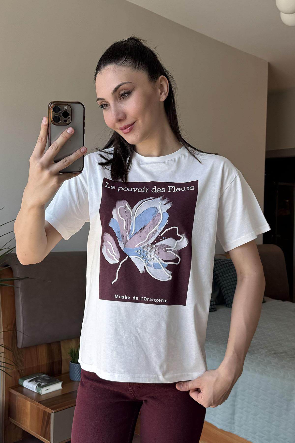 Mürdüm Le Pouvoir des Fleurs Baskılı T Shirt