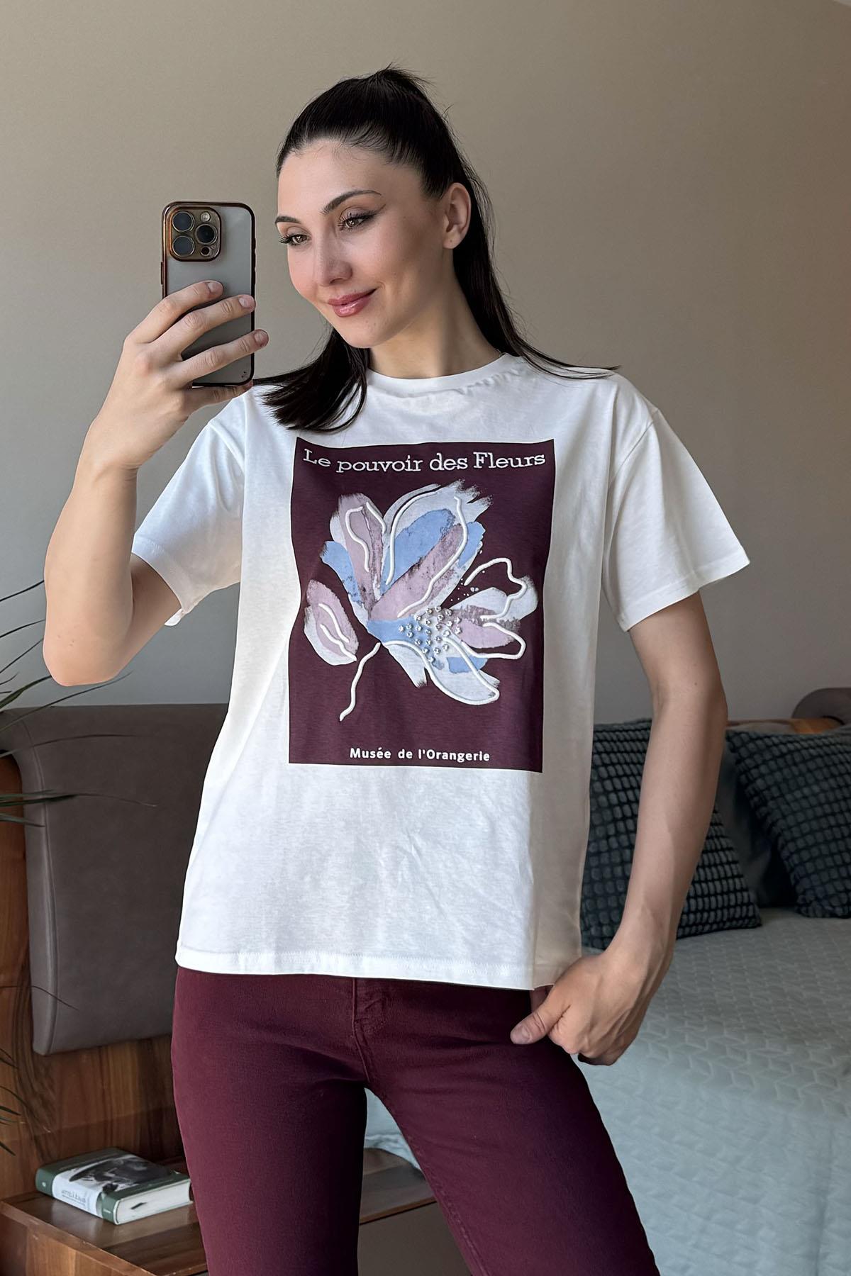 Mürdüm Le Pouvoir des Fleurs Baskılı T Shirt