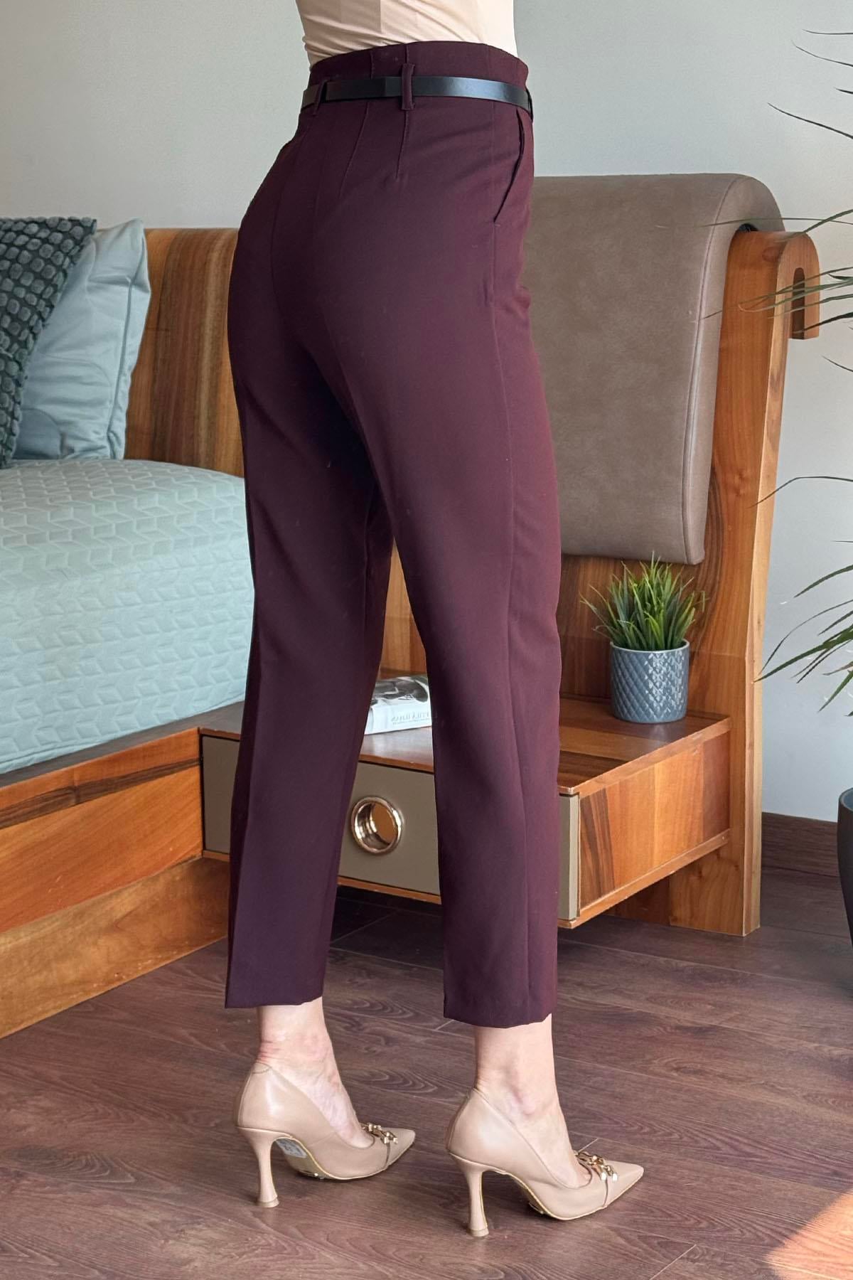 Mürdüm Önü Flatolu Kemerli Pantolon