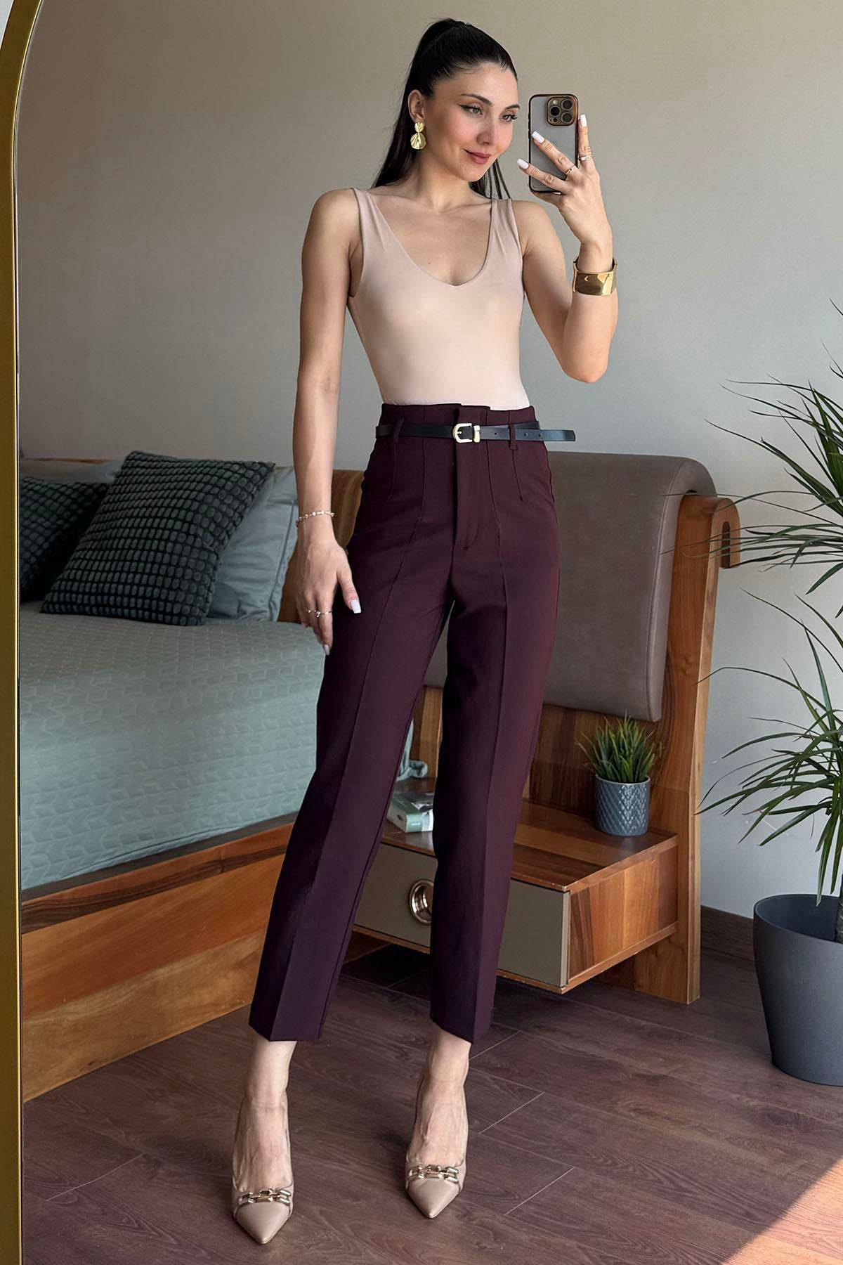 Mürdüm Önü Flatolu Kemerli Pantolon