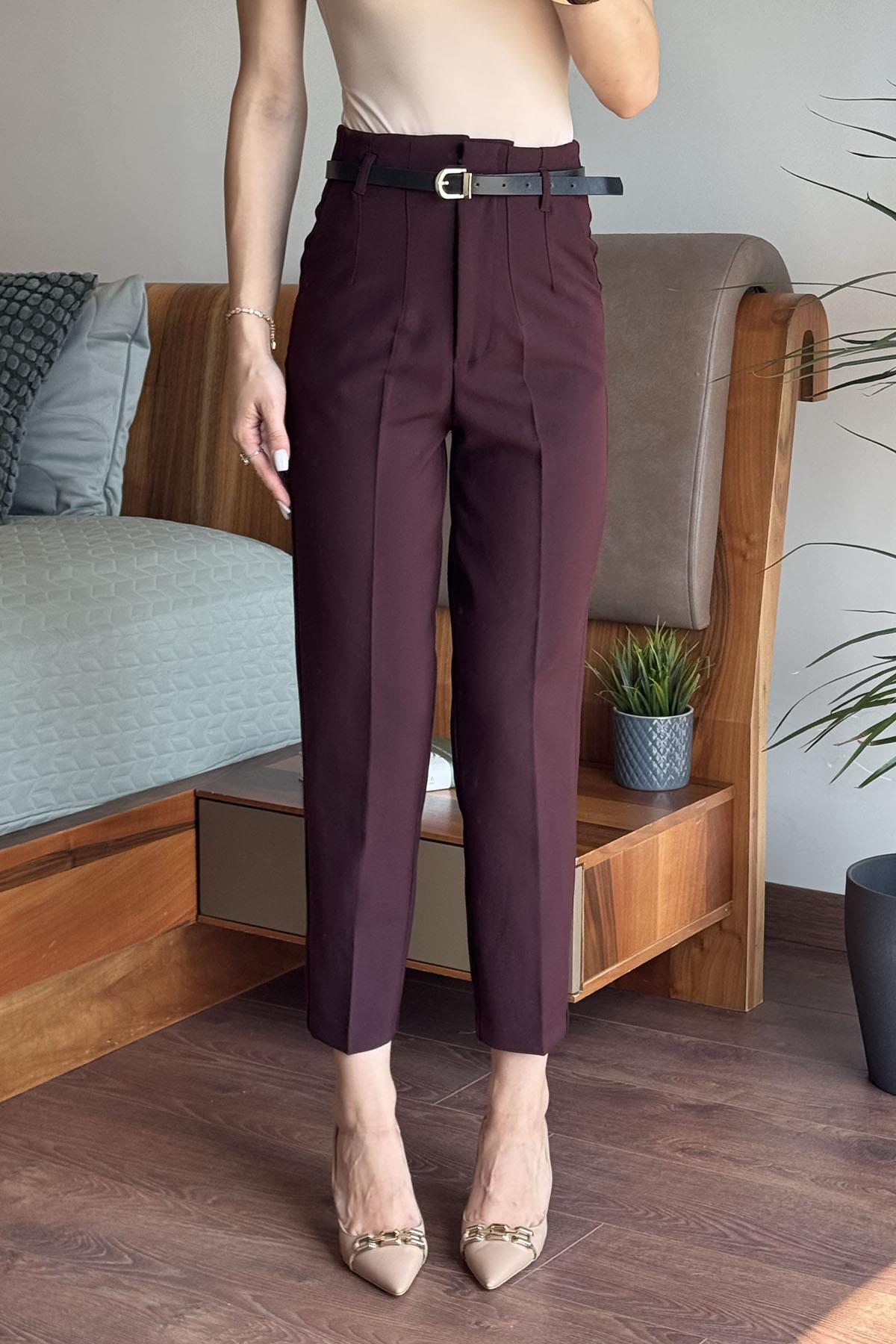 Mürdüm Önü Flatolu Kemerli Pantolon