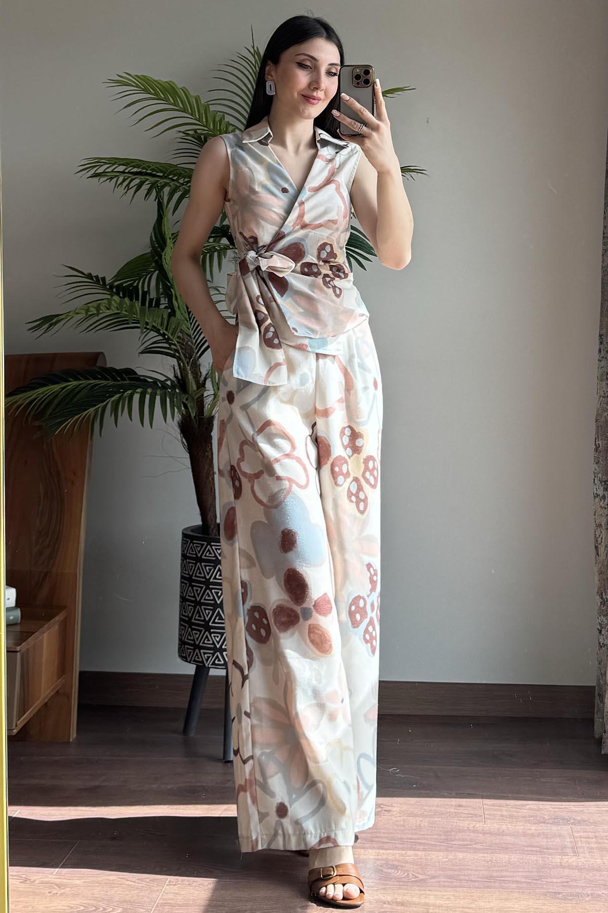 Naturel Desenli Pantolon Bluz Takım
