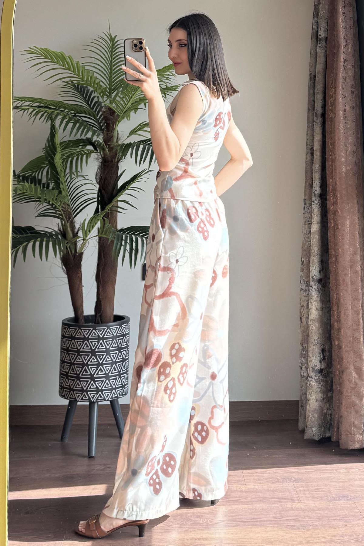 Naturel Desenli Pantolon Bluz Takım