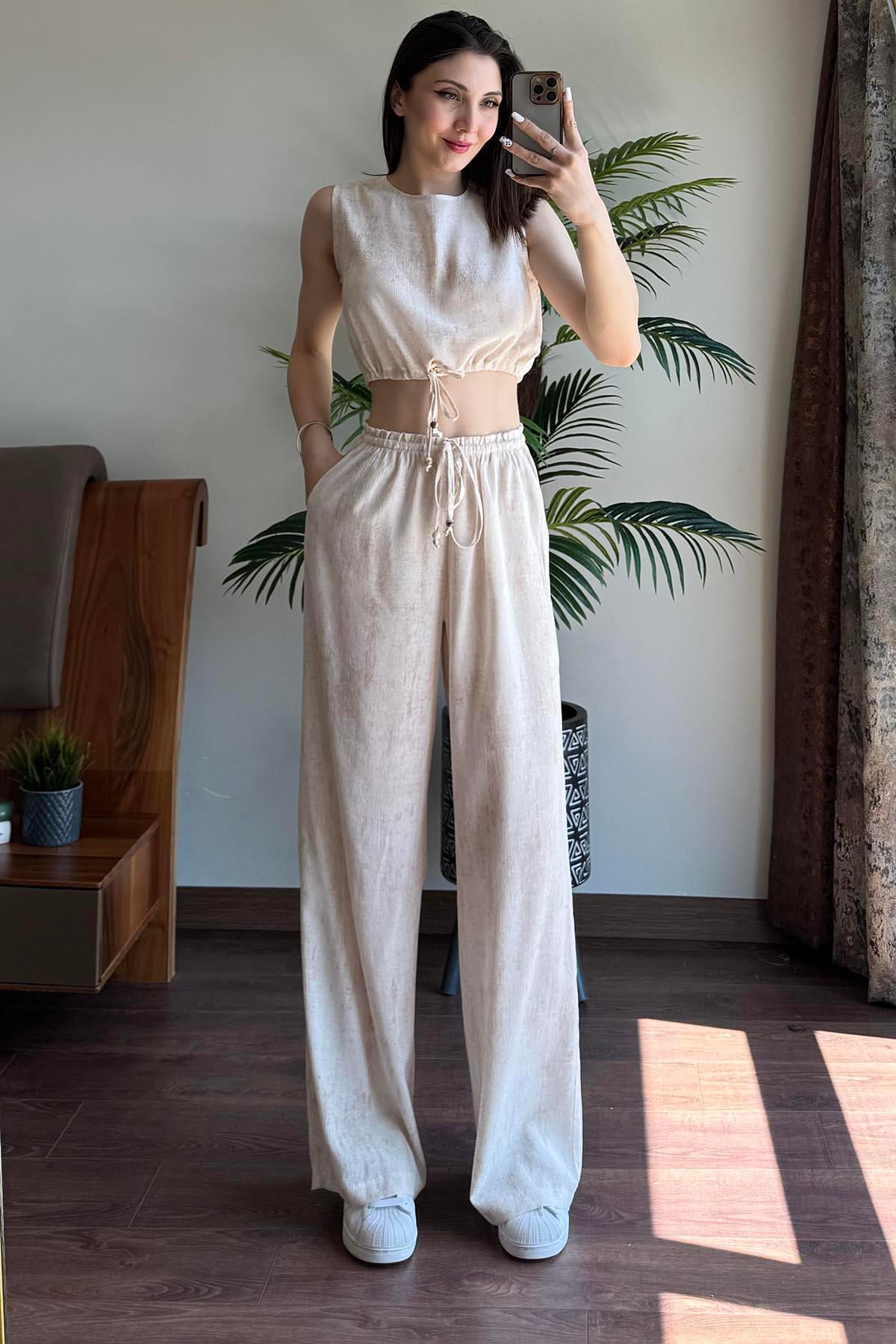 Naturel Keten Bluz Pantolon Takım