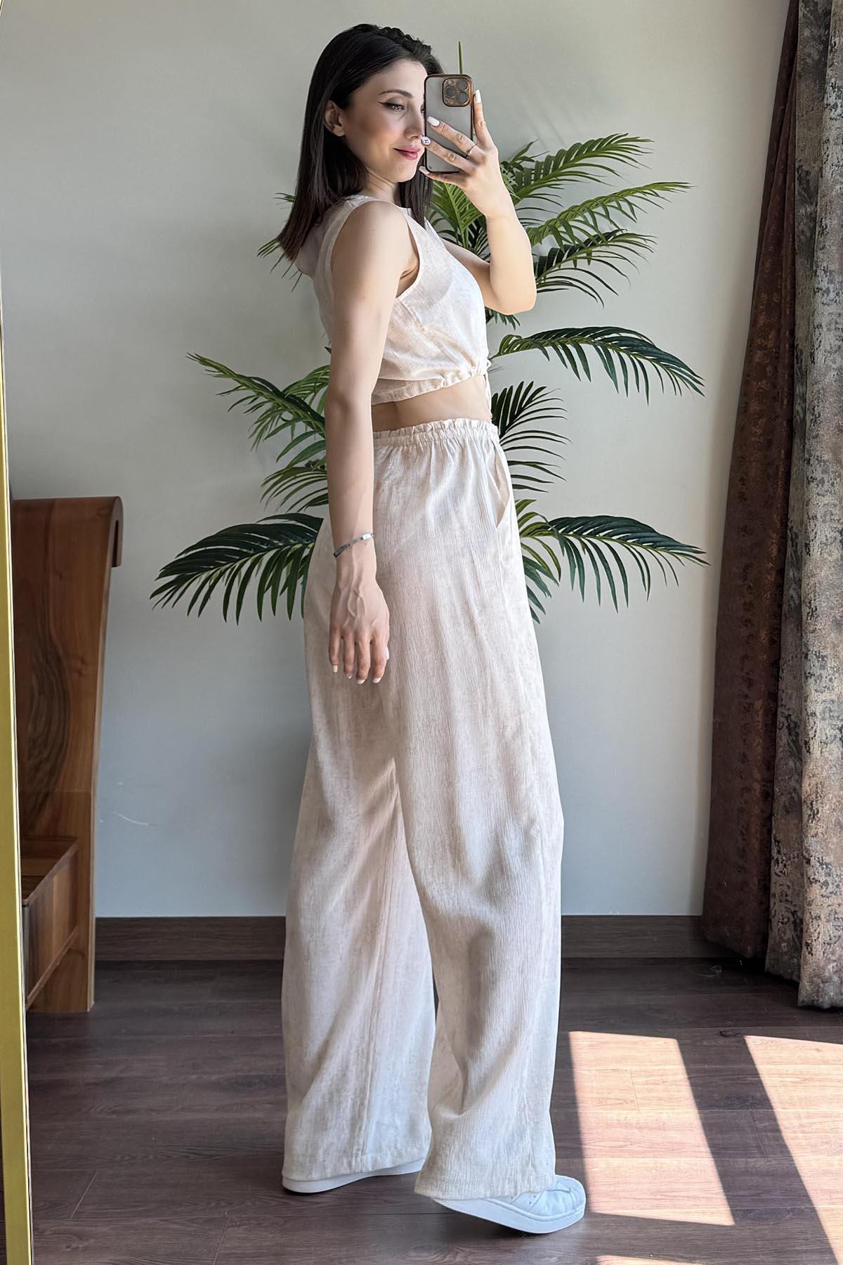 Naturel Keten Bluz Pantolon Takım