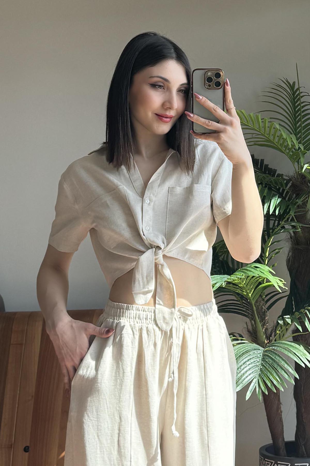 Naturel Keten Dokulu Önü Bağlamalı Crop Gömlek