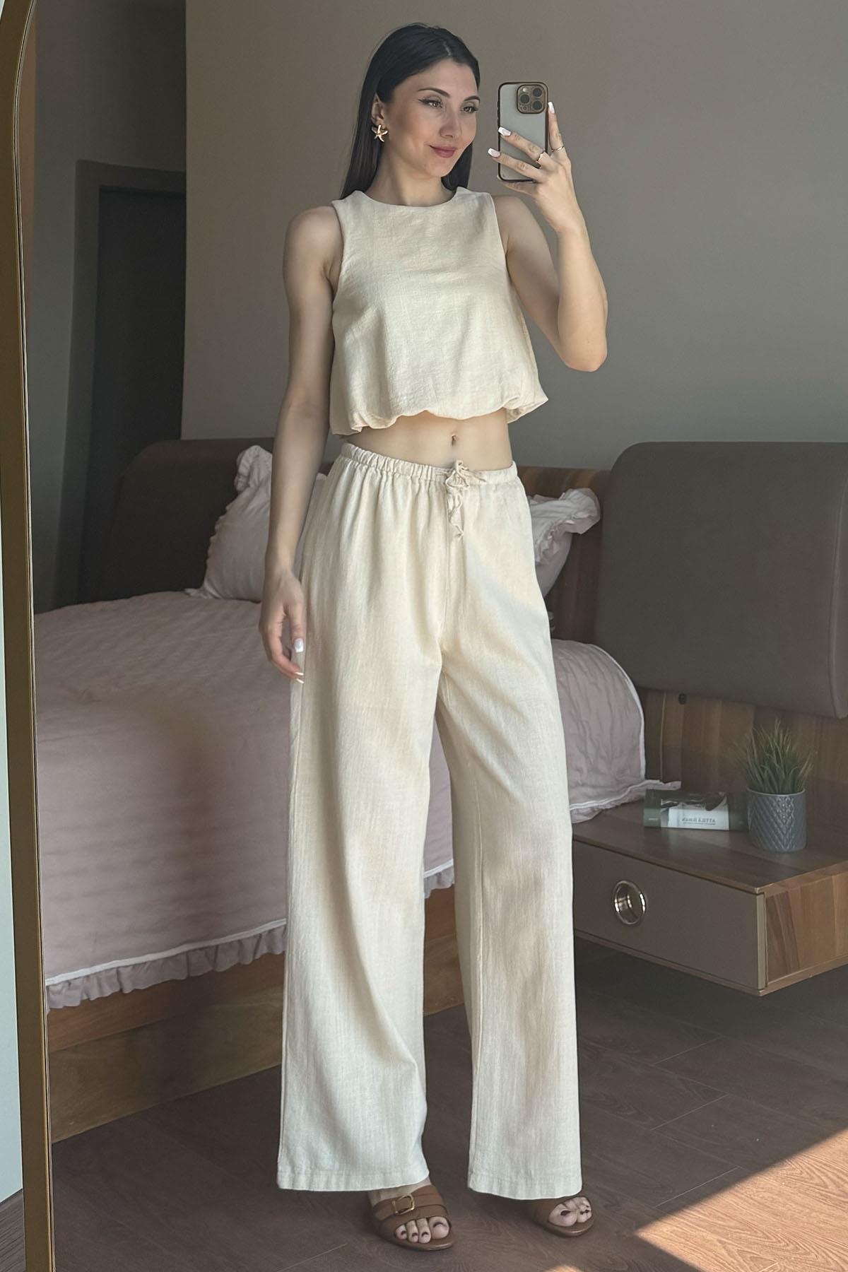 Naturel Keten Pantolonlu Takım