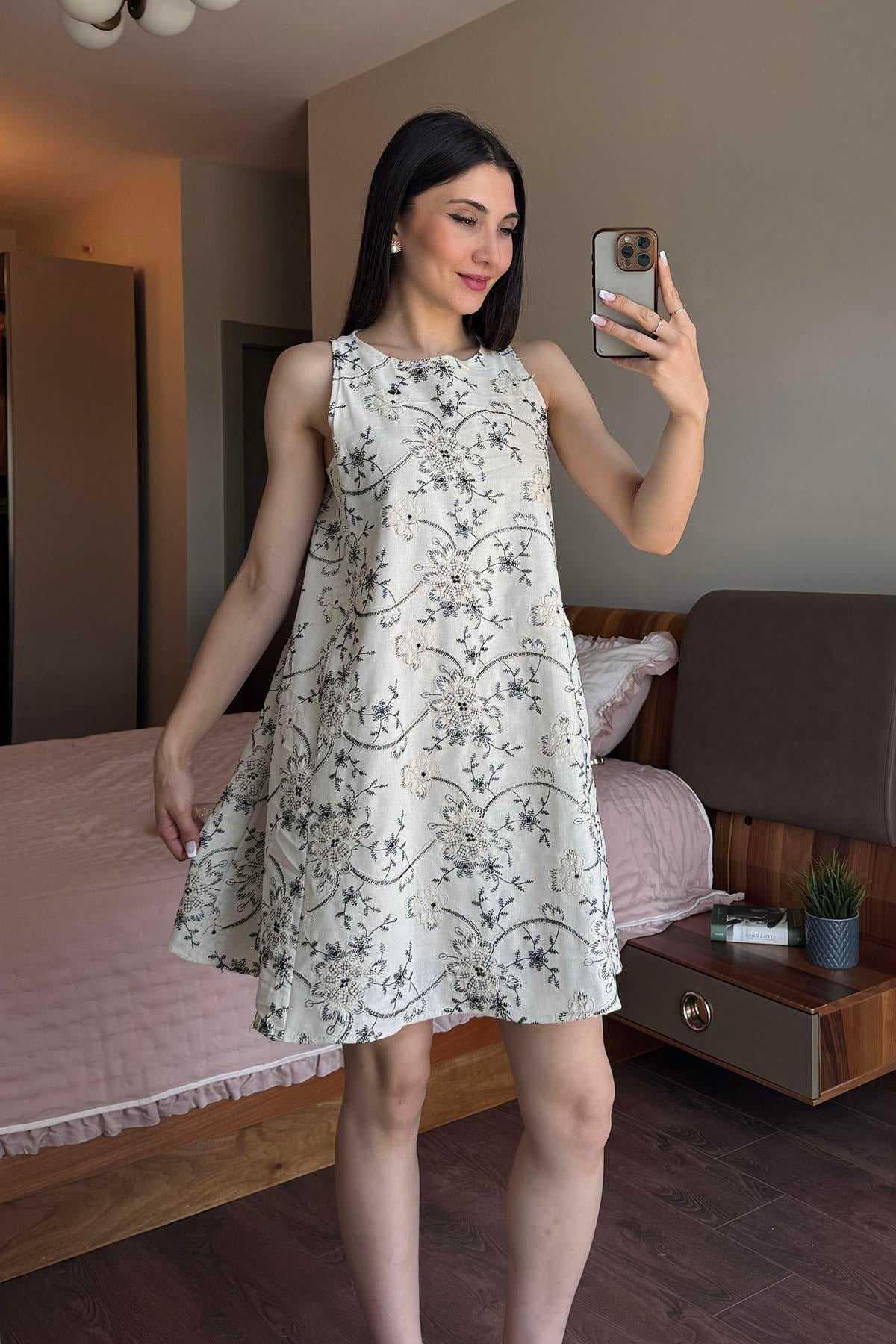 Naturel Nakış Detaylı Keten Elbise