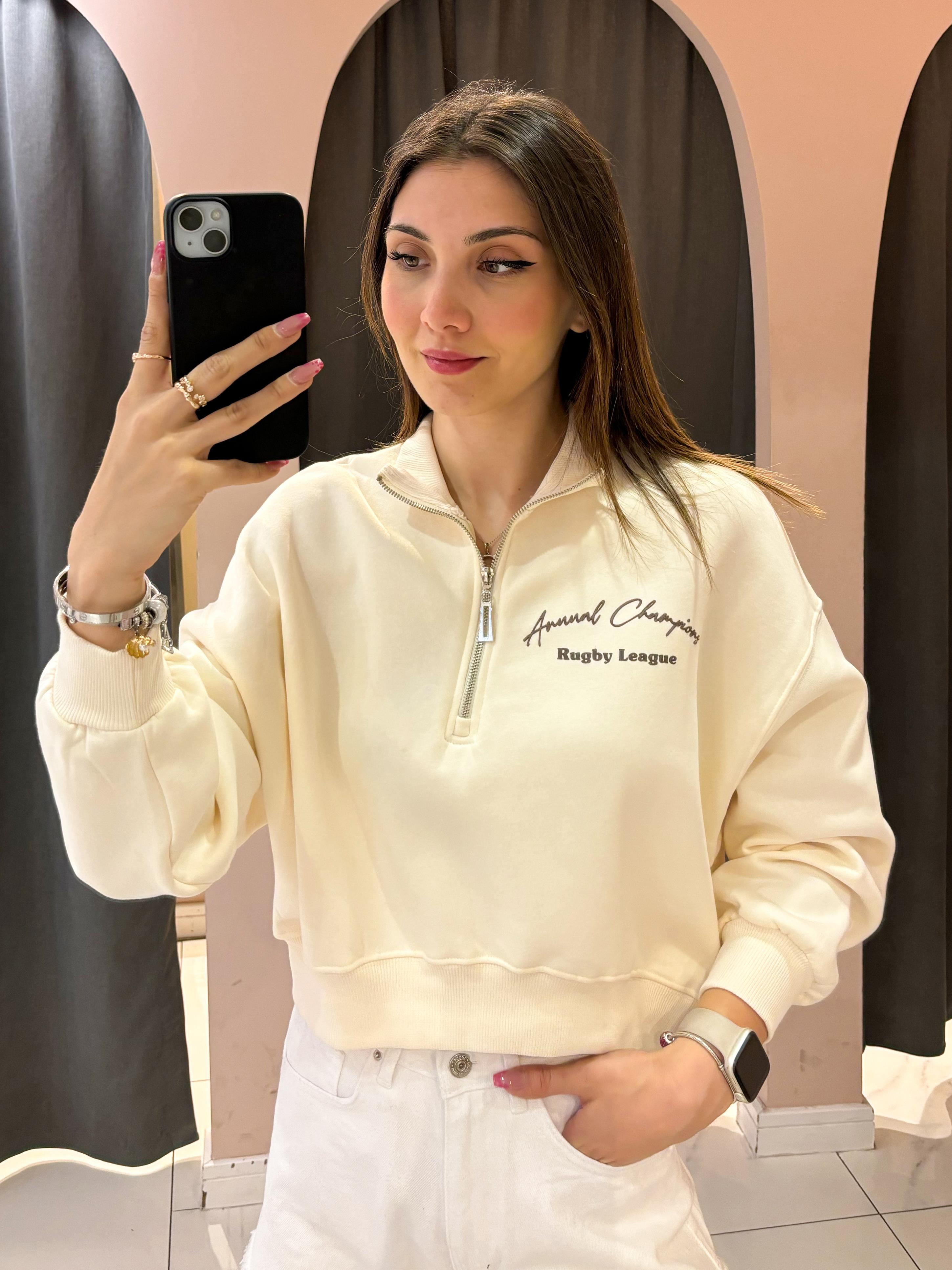 Naturel Önü Fermuar Detaylı Arkası Baskılı Sweatshirt