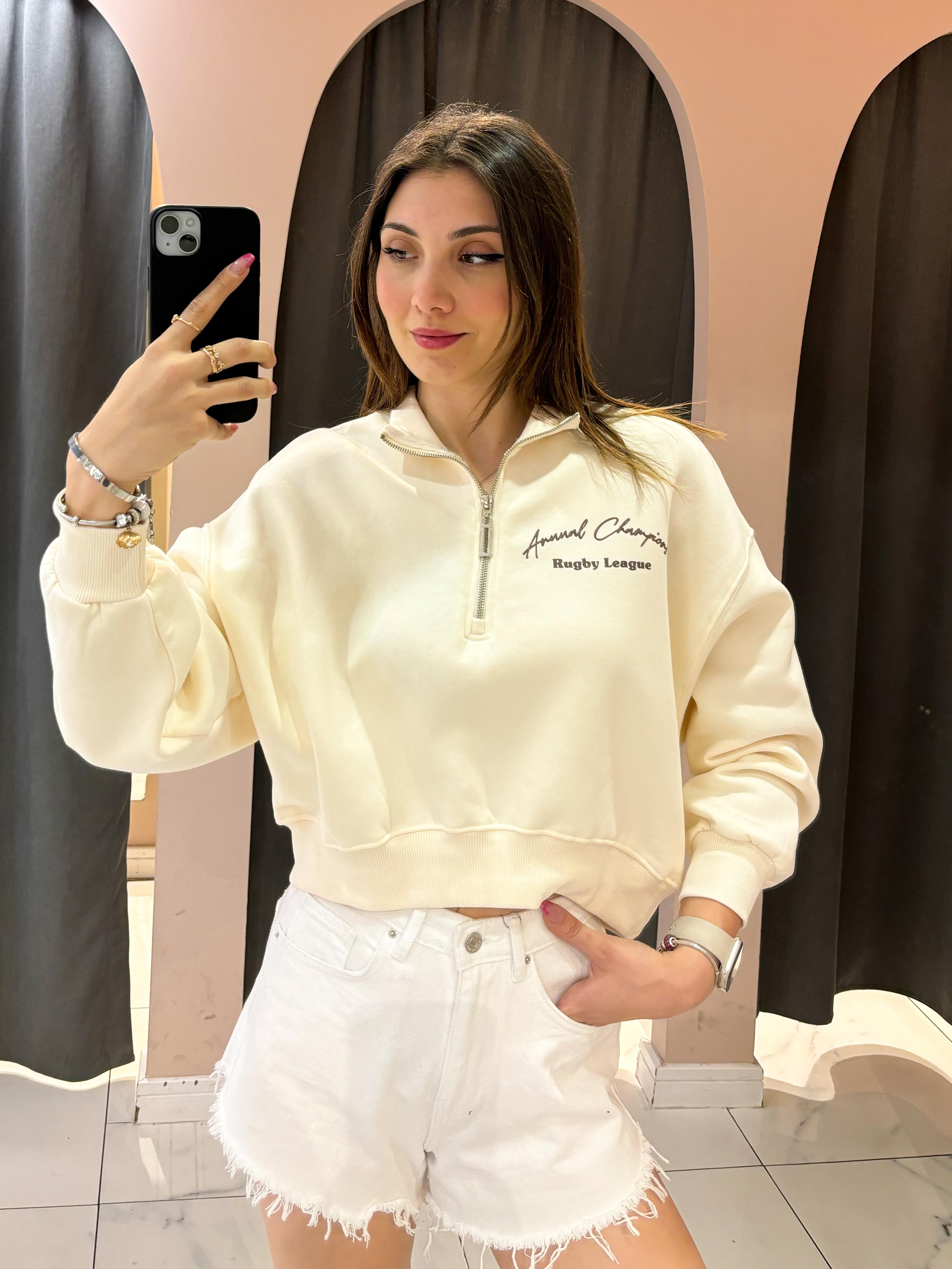 Naturel Önü Fermuar Detaylı Arkası Baskılı Sweatshirt