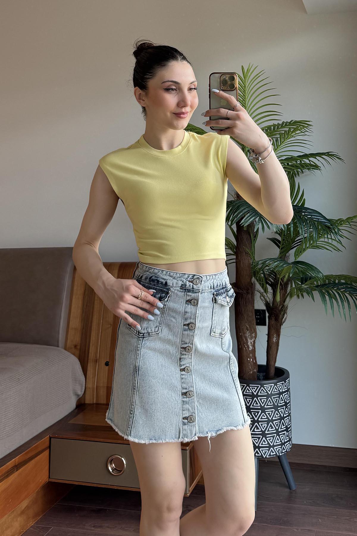 Neon Sarı Sıfır Kol Modal Karışımlı Crop