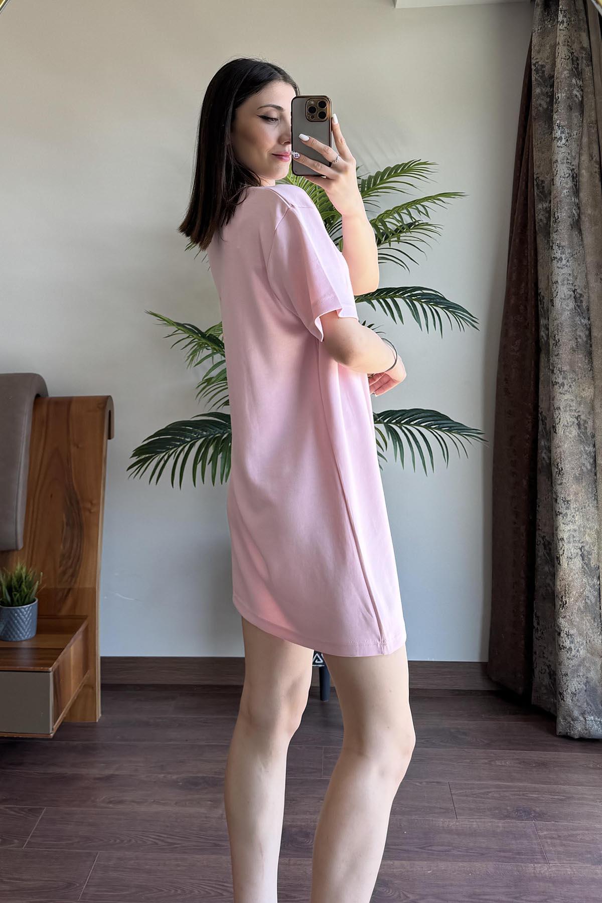 Pembe Alo Gümüş Baskılı Oversize Elbise