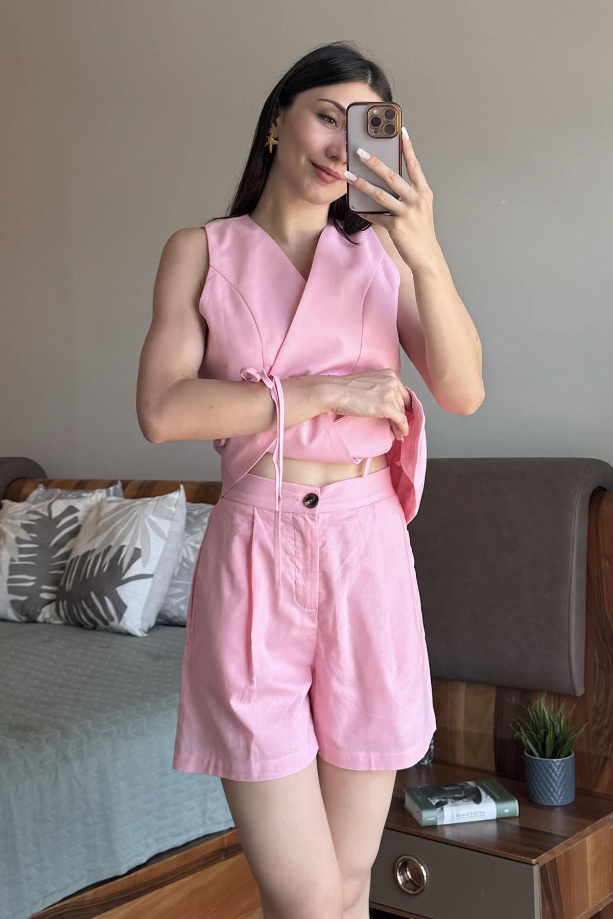 Pembe Anvelop Yelekli Takım