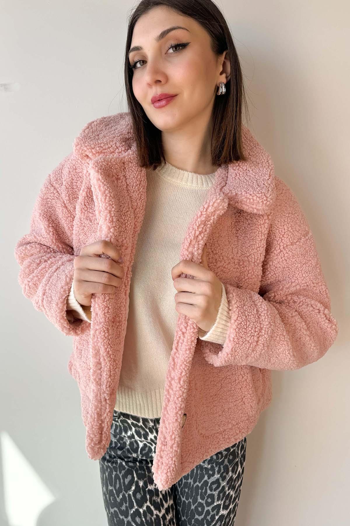 Pembe Astarlı Düğmeli Teddy Mont