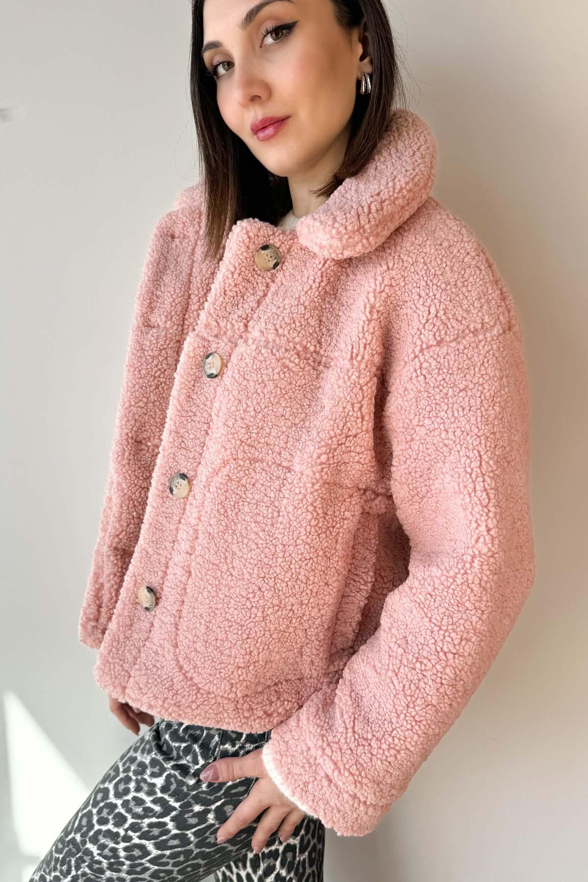 Pembe Astarlı Düğmeli Teddy Mont