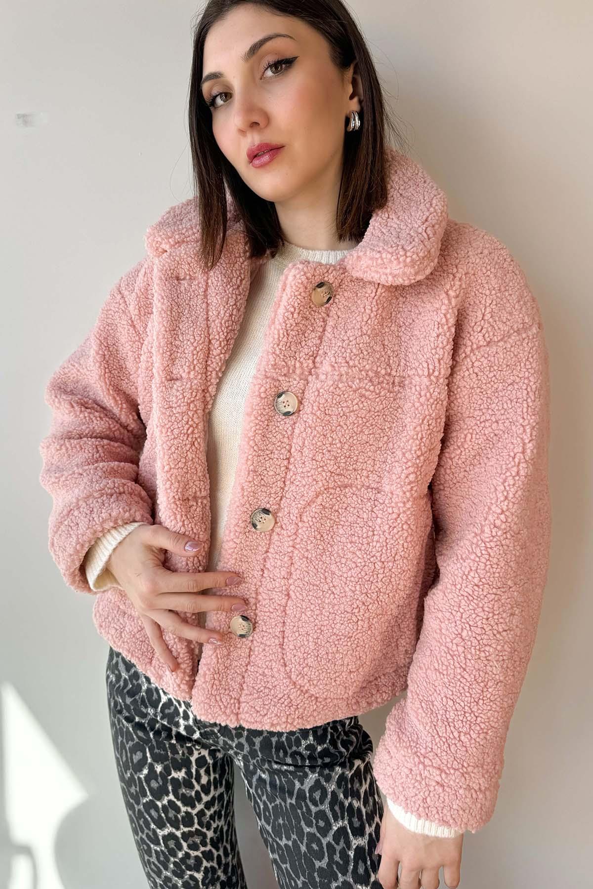 Pembe Astarlı Düğmeli Teddy Mont