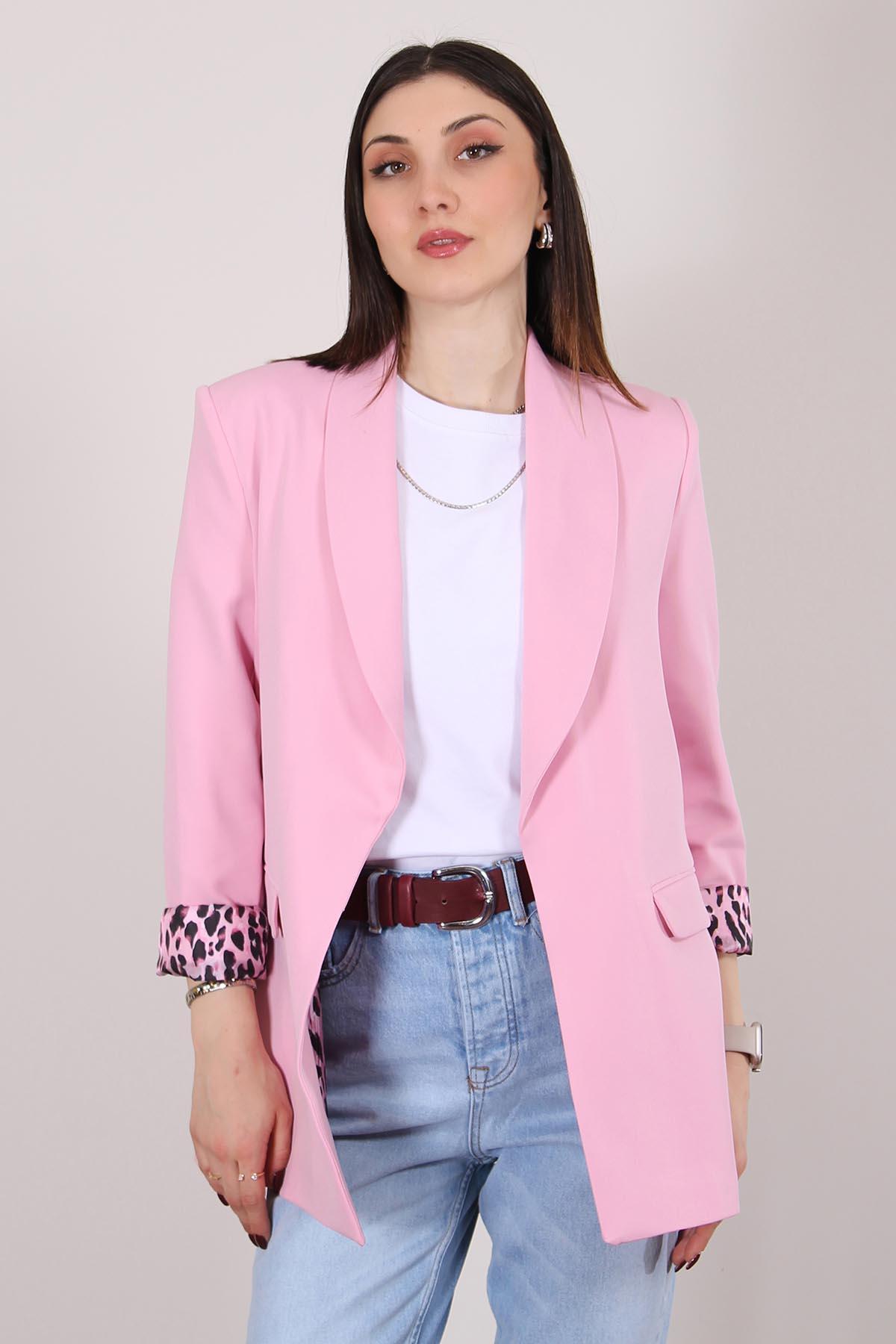 Pembe Atlas Kumaş Leopar Astarlı Blazer Ceket