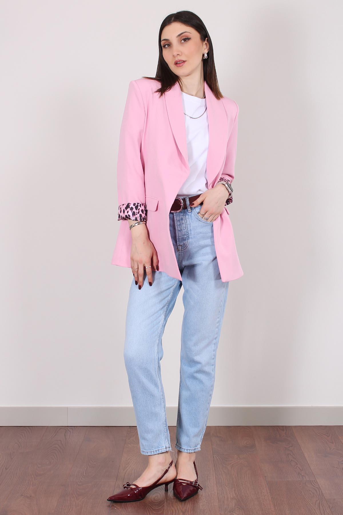 Pembe Atlas Kumaş Leopar Astarlı Blazer Ceket