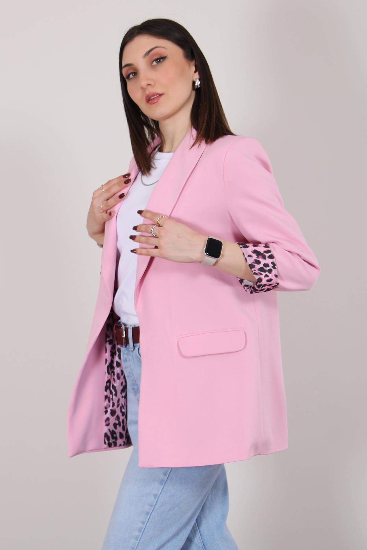 Pembe Atlas Kumaş Leopar Astarlı Blazer Ceket