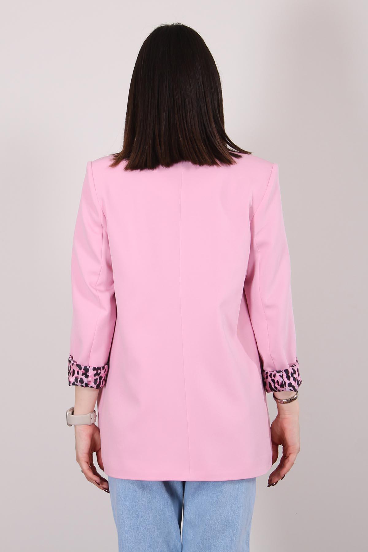 Pembe Atlas Kumaş Leopar Astarlı Blazer Ceket