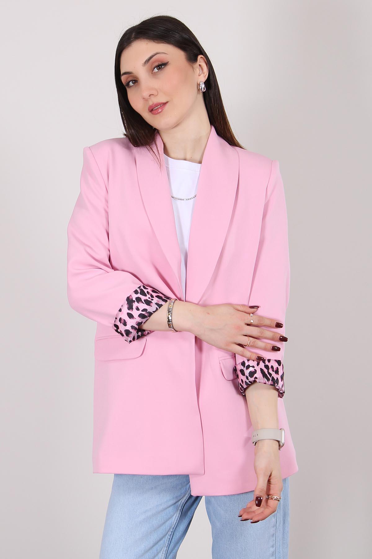 Pembe Atlas Kumaş Leopar Astarlı Blazer Ceket