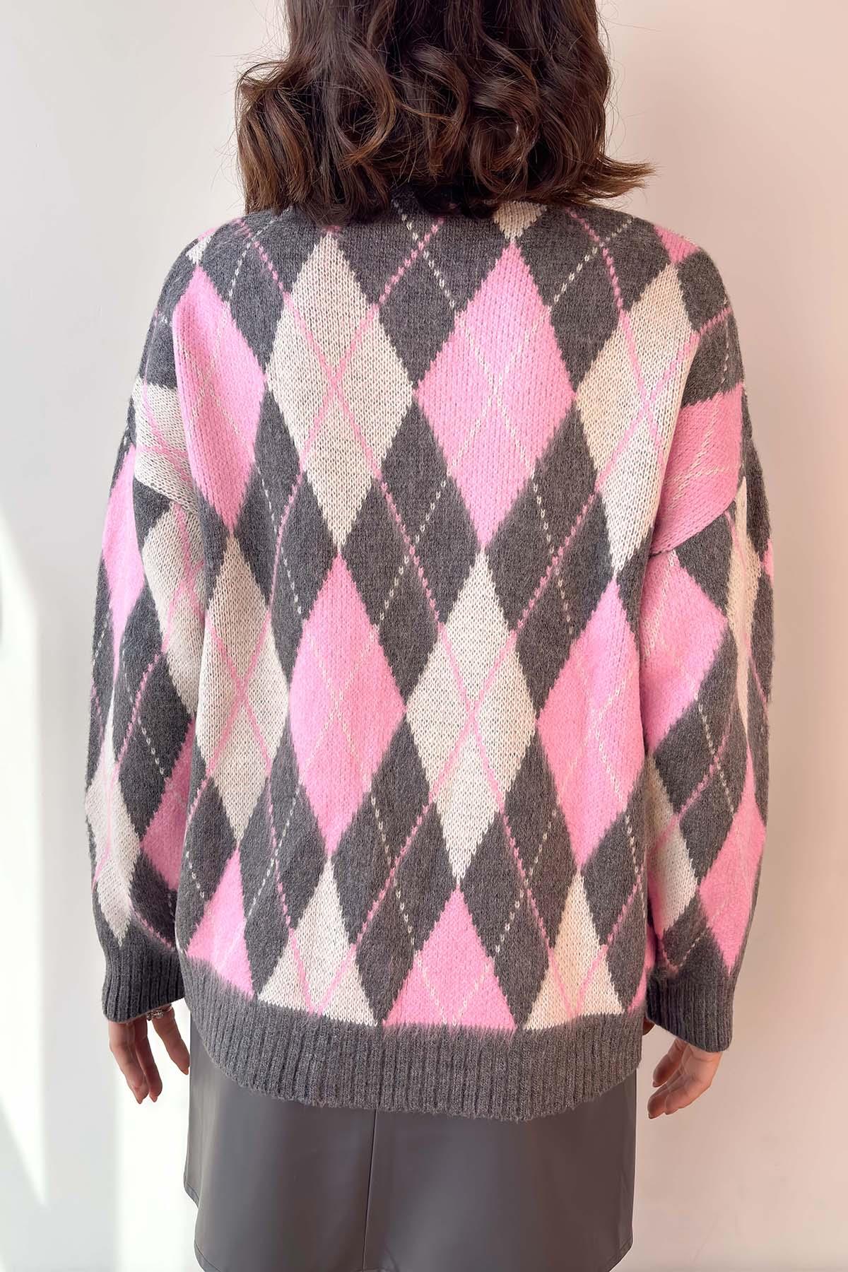 Pembe Baklava Desenli Kazak
