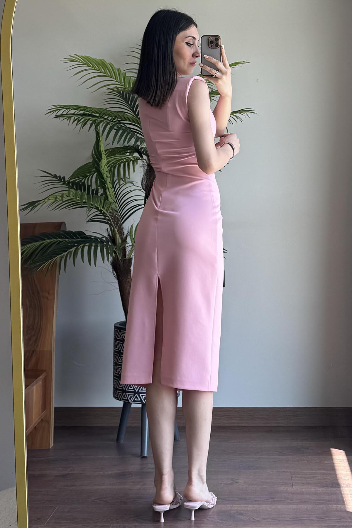 Pembe Bel Büzgülü Vatkalı Elbise