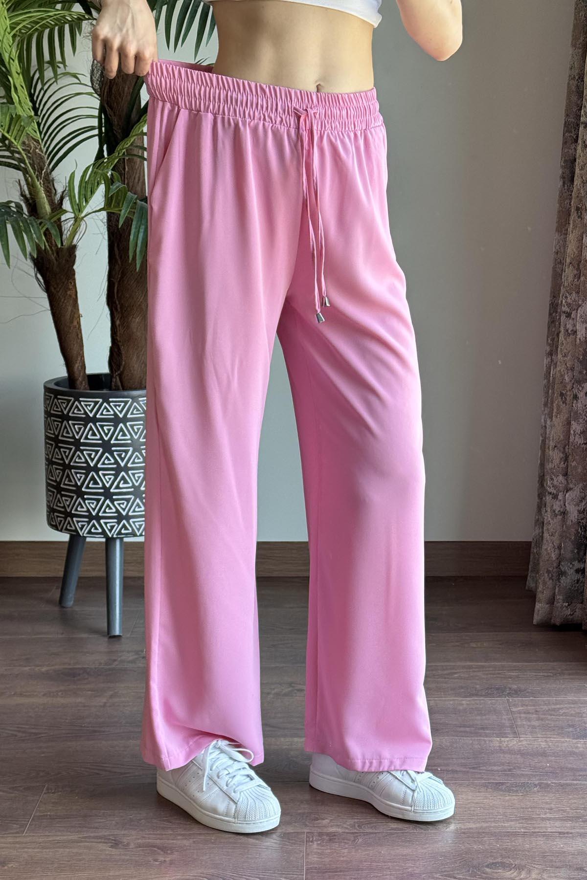 Pembe Beli Lastikli Bol Paça Pantolon