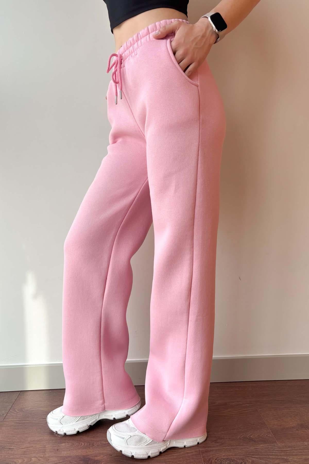 Pembe Beli Lastikli Üç İplik İçi Polarlı Geniş Kesim Palazzo Eşofman Altı