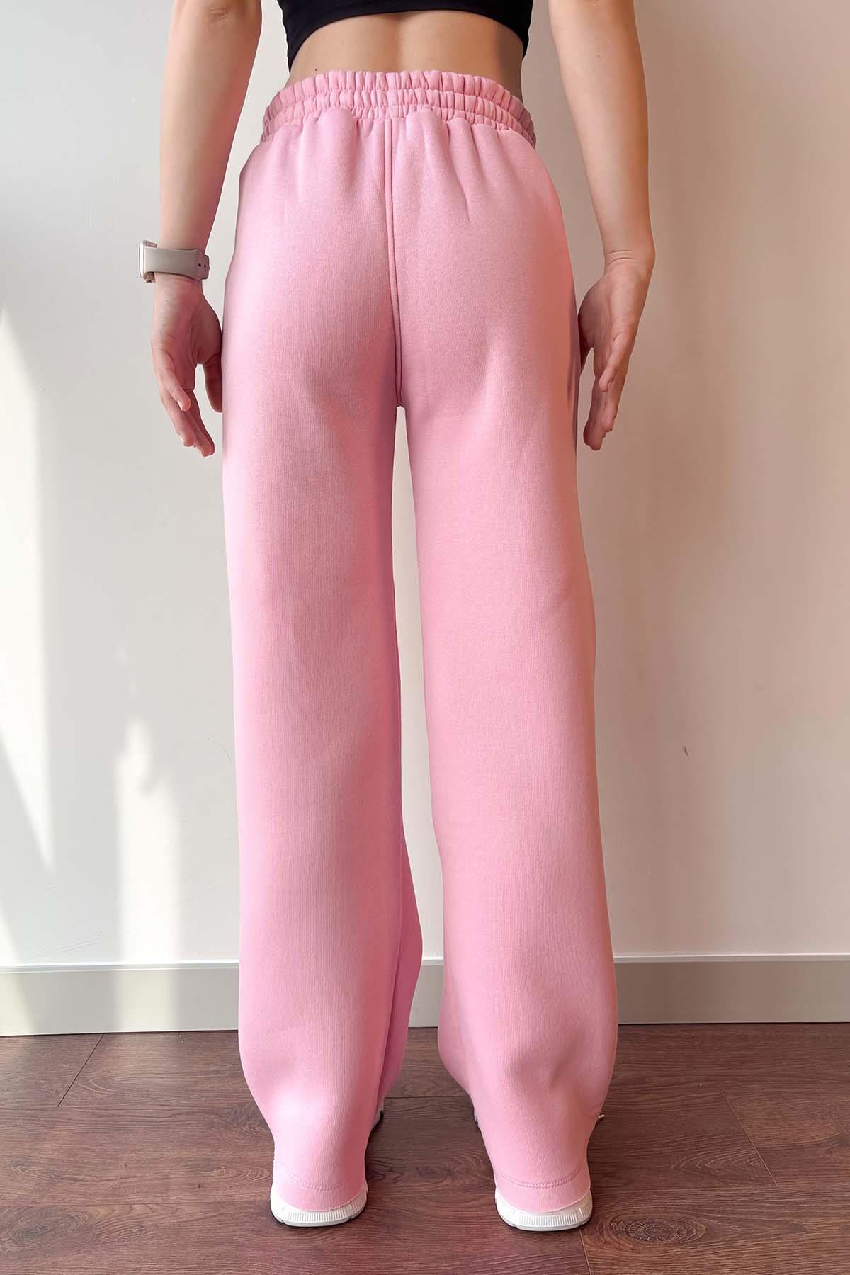 Pembe Beli Lastikli Üç İplik İçi Polarlı Geniş Kesim Palazzo Eşofman Altı